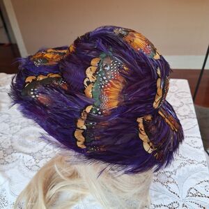Vintage Bollman Feather Hat Purple multi colored patterned plumage. Nice!